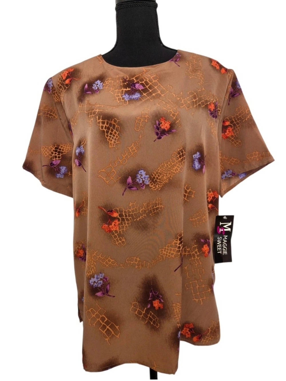 Vintage Maggie Sweet Brown Floral S/S Women's Top Size 1X, NWT
